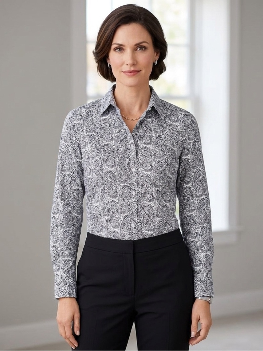 Talbots Wrinkle Resistant Button Up Cotton Paisley Print Black White Size PM